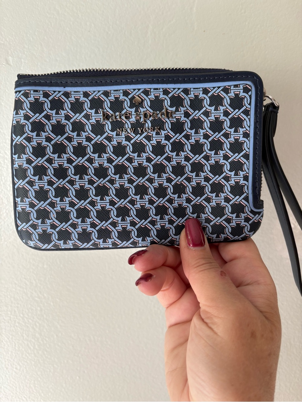 Kate Spade Navy & Light Blue Geometric Wristlet 5.25x4.5”